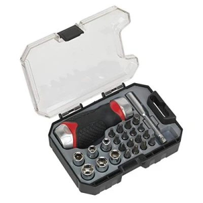 Image of Sealey Premier Fine Tooth Ratchet Screwdriver Socket &amp; Bit Set 24pc Stubby