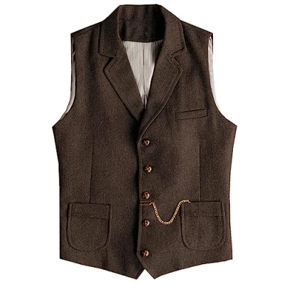 Image of AeoTeokey Men&#039;s Western Herringbone Tweed Suit Vest Wool Slim Fit Waistcoat Coffee,4XL