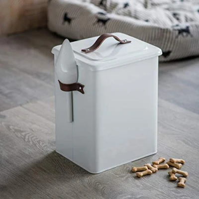 Image of CKB Medium Pet Food Storage Tin with Scoop LTD Holds Dog Cat Animal Treats Metal Box Bin Sealed Lid Leather Handle Made from Chalk coloured Steel 7kg: H34 x W25 D19cm