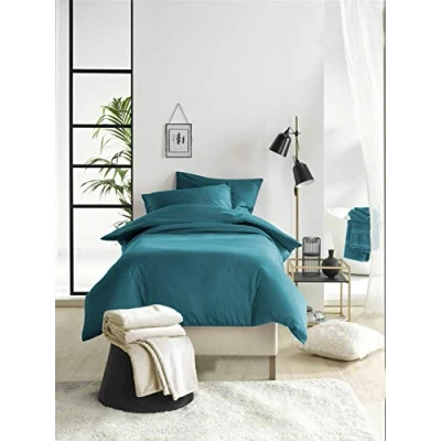 Image of De Witte Lietaer Olivia Quality Satin Combed Cotton Duvet Cover Set, Duck Egg Green/Lake Green, 140 x 200 cm + 1 Pillowcase