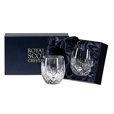 Image of Royal Scot Crystal Edinburgh Hand Cut Glass Whisky Barrel Tumbler Set of 2 in Presentation Box 240ml 8fl oz