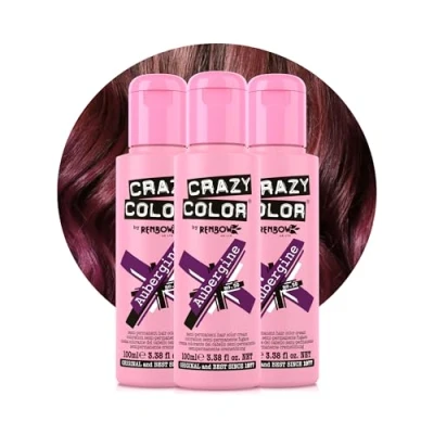 Image of Crazy Color Vibrant Aubergine Semi Permanent Trio Hair Dye. Highly Pigmented Wine Purple Conditioning &amp; Oil Nourishing Vegan Formula No Bleach or Ammonia 300ml
