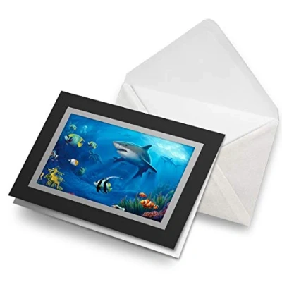 Image of Greeting Cards Black (Insert) Underwater Shark Fish Ocean Sea Diver Blank Greetings Card Birthday Kids Party Boys Girls #8080