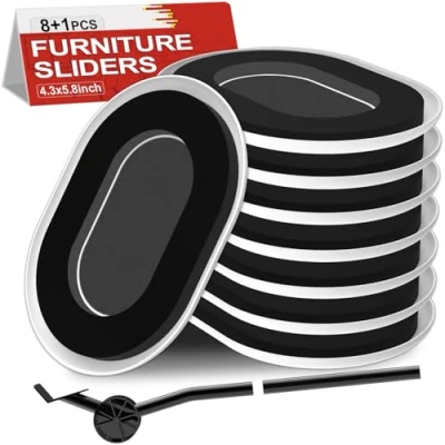 Image of NIUXX 8Pcs Reusable Furniture Sliders for Carpet, Moving Gliders with Grooved, Oval Mover Pry Bar, Heavy Quickly and Easily