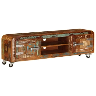 Image of vidaXL TV Cabinet 120x30x36cm Solid Reclaimed Wood/Industrial Style HiFi Stand with Storage Antique Brown Finish for Living Room, Bedroom, Office