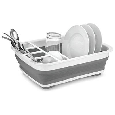 Image of Collapsible Kitchen Sink Dish Drainer Draining Board Cutlery Rack Foldable Folding White/Grey