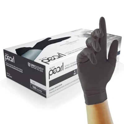 Image of Unigloves Black Pearl Nitrile Examination Gloves Multipurpose, Powder Free and Latex Disposable Box of 100 Gloves, Black, Small (GP0032)