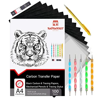Image of Raimarket 112 Pcs Black Carbon Paper for Tracing On Fabric, Wood and Sewing Includes 5 Patterns, 1 Pencil Lead Box, Stylus, A4 Size (9 X 13) Graphite Transfer