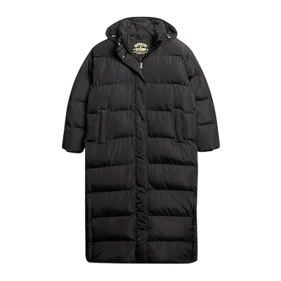 Image of Superdry Women&#039;s Maxi Hooded Puffer Coat Jacket, Black/White, UK 12