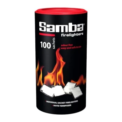 Image of 100 Samba Firestarters Firelighters Sachets Odourless Burning &amp; Easy to Light For BBQs Barbecues Wood Burner Fired Ovens Stoves Fireplaces Campfires 1 Tube