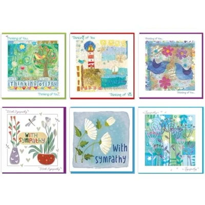 Image of Christian Sympathy Thinking of You Cards Pack cards, 6 designs, with Bible verse on the inside left each card, by Just Direct. (Birds, Lighthouse, Flowers)