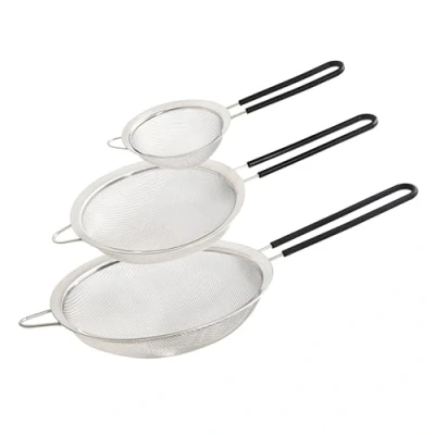 Image of Wiltshire Set of 3 Sieves, Stainless Steel Fine Wire Mesh Strainer with Non Slip Silicone Coated Handle, Colander &amp; Sifter, Sift Strain Drain Rinse, 10cm 15cm 20cm, Dishwasher Safe, Midnight Black