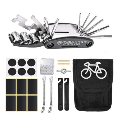 Image of Professional Portable Bike Tool Kit, Puncture Repair Kit Contains 16 in 1 Multi Function Tool, Bicycle Tyre Patch Ideal for Mountain &amp; Road