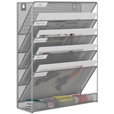 Image of EasyPAG 6 Tier A4 Mesh in Tray Hanging Wall File Holder Mail Organiser Magazine Storage Rack,Silver
