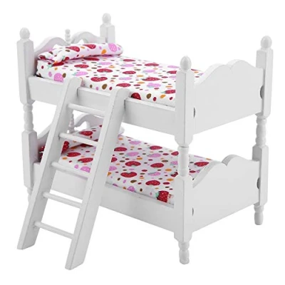 Image of Doll Bunk Bed, 1:12 Wooden Children Bedroom Model Toys Miniature Furniture Scene Props Mini Dollhouse Accessories for Boys Girls Gift (Pink Strawberry)