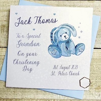 Image of WHITE COTTON CARDS GRANDSON PERSONALISED CHRISTENING CARD, BLUE BUNNY DESIGN, HAND FINISHED (X) P23 44 GS