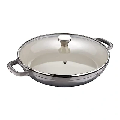 Image of MasterPro Enamel Induction Cast Iron Shallow Casserole, Grey 3.3L Professional Quality Casserole with Glass Lid, Coating, Ovenproof