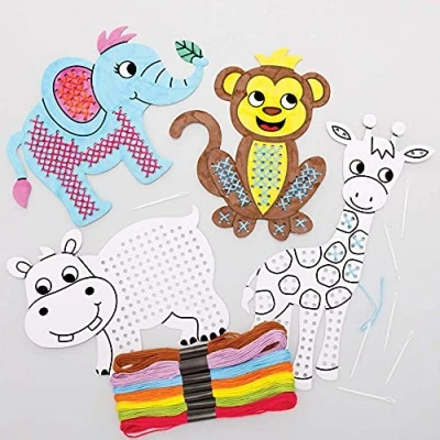 Image of Baker Ross FE209 Animal Colour in Cross Stitch Kits Pack of 6, Sewing for Beginners, Make Your Own Kids, Children