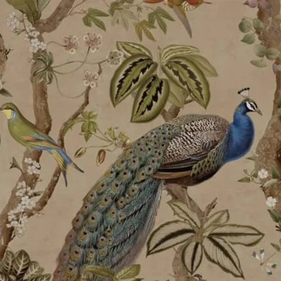 Image of SOPHIE LAURENCE Taupe Peacock Woods Wallpaper Modern Botanical with Peacocks Design, Pink &amp; White Floral, Washable Paper, 0.53m x 10.05m Roll, Paste The Wet Removable Ideal for Any Room