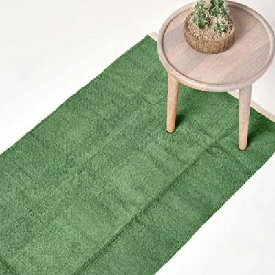 Image of HOMESCAPES Dark Olive Green Hallway Rug 100% Cotton Plain Modern Reversible Chenille Floor Mat with Natural Colour Trim Anti Shedding Soft Touch Washable, Runner, 66 x 200 cm (26&quot; 79&quot;)