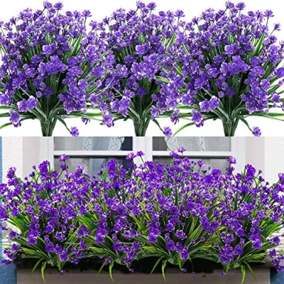 Image of Leixi Artificial Flowers, 6pcs Fake Outdoor UV Resistant Plants Faux Plastic Greenery Shrubs Indoor Outside Hanging Planter Home Kitchen Office Wedding Garden Decor (Purple)