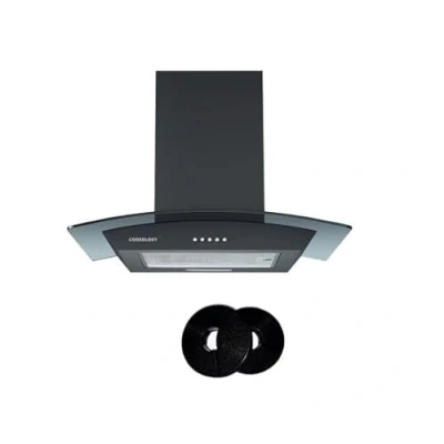 Image of Cookology CGL600BK/A A Energy Rated Chimney Cooker Hood 60cm Kitchen Extractor Fan with Curved Glass, LED Light, 3 Speed 450m3 per hour and CF150 Recirculating Filters Black