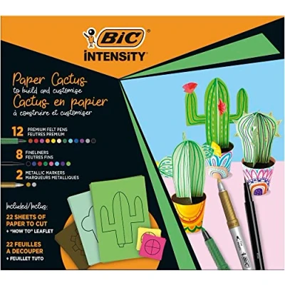Image of BIC Intensity Paper Cactus Kit, 12 Colouring Felt Tip Pens, 8 Fineliners, 2 Metallic 22 Sheets with Printed Cutouts, School Supplies, 44 Pack