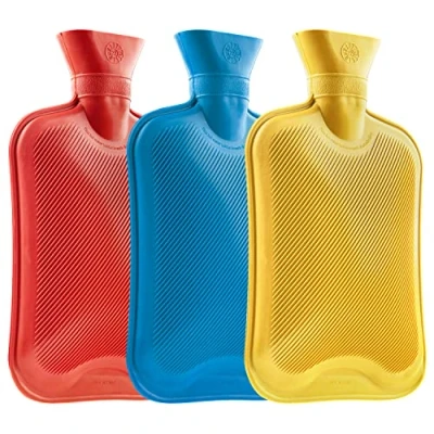 Image of Hot Water Bottle Large 1.8L Rubber Bag 1, 2 or 3 Pack Ribbed Surface One Side for Pain Relief Cold Compress Cramps Back Neck (Blue/Red/Yellow, 3pcs)