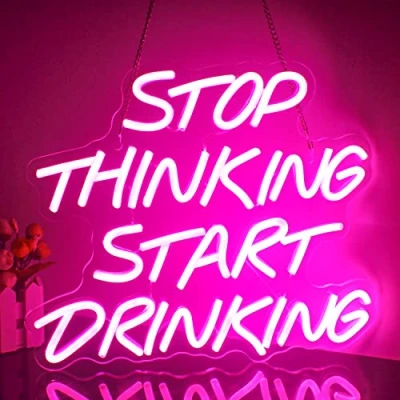 Image of Looklight Stop Thinking Start Drinking Neon Sign Bar Pink LED Signs for Decor Letter Light Shops Cafes Home Beer Party Restaurant