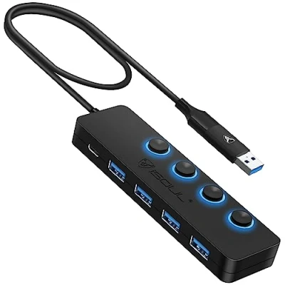 Image of iSOUL USB Hub 3.0 4 Port, Ultra Slim Adapter Splitter Data for Laptop MacBook Mac Pro/Mini iMac PC PS5 Surface extender Flash Drive HDD 2ft Long Cable (Dual TYPE C/USB C &amp; Hub)