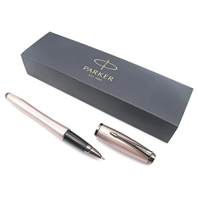 Image of Parker Urban Premium Metal Rollerball Pen Metallic Pink Pastel Chiselled with Gunmetal Trim Black Ink Gift Boxed