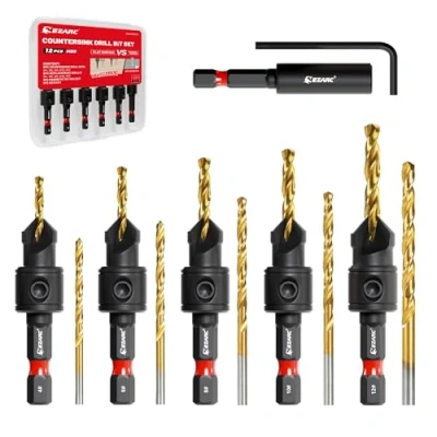 Image of EZARC Countersink Drill bit Set, 12 PCS Counter Sink Bits for Wood, #4, #6, #8, #10, #12, Magnetic Extension Adjustable Holder Woodworking with Storage Box