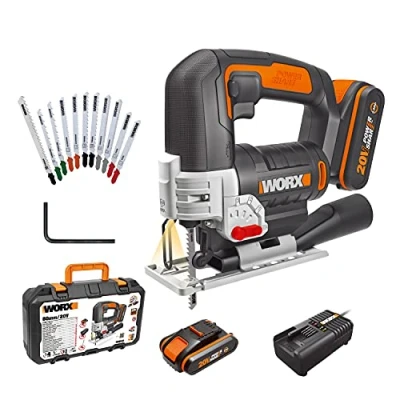 Image of WORX 18V(20V MAX) Cordless Jigsaw WX543.2 Jig Saw 24mm, 4 Position Pendulum, Tool free Quick Blade Change, LED Light, ±45 Bevel Capacity, Speed Control, PowerShare, 1* 2.0Ah Battery, 2A Charger