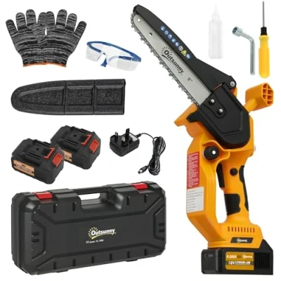 Image of Outsunny 8 Inch Electric Chainsaw, Cordless Mini Chain Saw with Brushless Motor, 2 x 4000mAh Batteries and Safety Lock, Handheld Portable Wood Pruning for Trimming Cutting, Orange