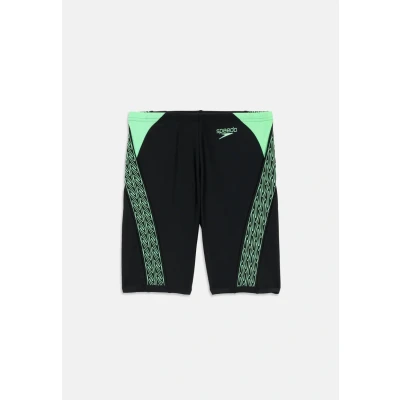 Image of Speedo Boy&#039;s Hyperboom Splice Jamer Swiming Trunks Chlorine Resistant Quick Drying Stretch Fabric Comfort Fit, Black/Alfalfa Green, 15 1615 16