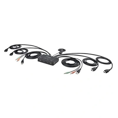 Image of StarTech.com 2 Port Dual Monitor HDMI Cable KVM Switch, 4K 60Hz, Compact with 5ft/1.5m USB A/HDMI/Audio Integrated Cables, Bus Powered, Remote/Hotkey Switching (C2 DH46 UA2 CBL KVM)