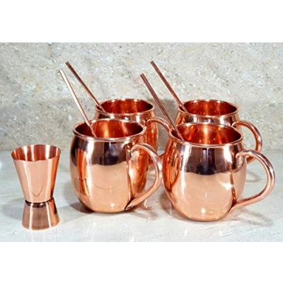 Image of eSplanade Moscow Mule Cocktail Copper Mugs Set of 4 Mugs, Straws, and a Peg Measurer