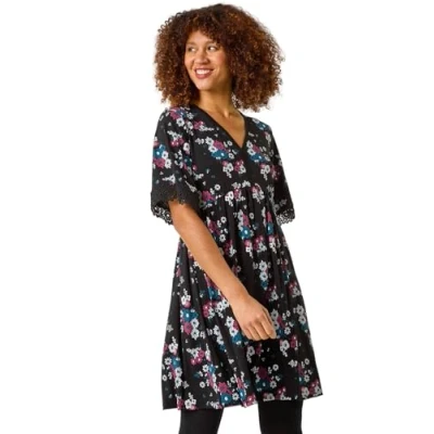 Image of Roman Stretch Jersey Dress for Women UK Ladies Gathered Waist A Line Swing Skater Fit &amp; Flare Winter Autumn Knee Length V Neck Casual Smart Cocktail Party Going Out Noir Floral Size 12