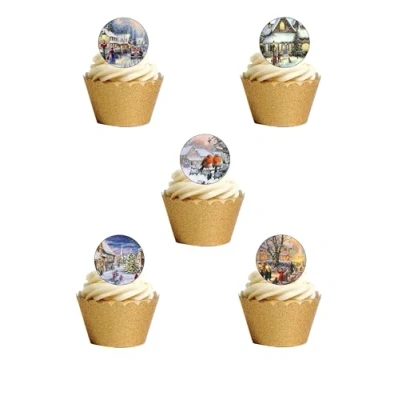 Image of 24 Precut 40mm Round Vintage Christmas Village Edible Wafer Paper Cake Toppers