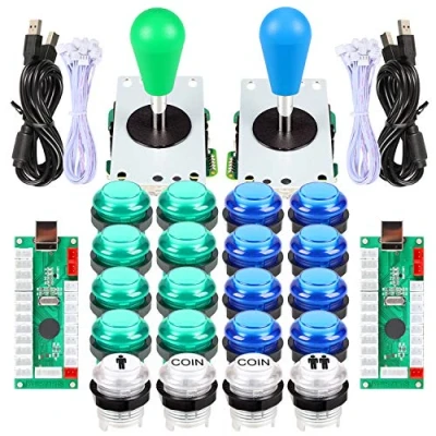 Image of EG STARTS 2 Player LED Arcade DIY Parts 2X USB Encoder + Ellipse Oval Style Joystick 20x Buttons for PC MAME Raspberry Pi Windows System (Green &amp; Blue Kit)