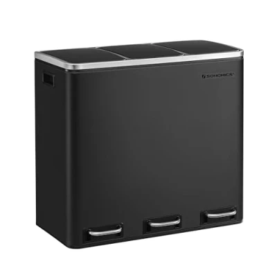 Image of SONGMICS Kitchen Rubbish Bin, 3 x 18 Litres, Waste Separation System, Compartments, Pedal for Yellow Sack, Organic Waste, with Lid, Softclose, Foot Pedals, Inner Bucket, Steel, Black