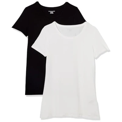Image of Amazon Essentials Women&#039;s Classic Fit Short Sleeve Crewneck T Shirt, Pack of 2, Black/White, L