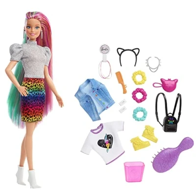Image of Barbie Leopard Rainbow Hair Doll (Blonde) with Color change Feature, 16 &amp; Fashion Play Accessories for Kids 3 to 7 Years Old, GRN81