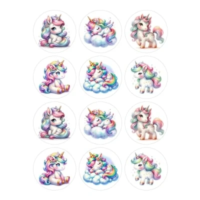 Image of 12 Unicorns Selection Mini Card Making Toppers Self Adhesive Circles Glossy Finish Small 64mm (2.5 inches) Diameter Pack of Crafts Labels