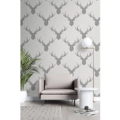 Image of Wallpaper Empire Nina Hancock Designer Geometric Stag White Linen and Grey
