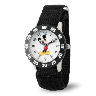 Image of Disney By Ewatchfactory Kids Mickey Mouse Quartz Watch with White Dial Time Teacher Display and Black Nylon Strap W000233