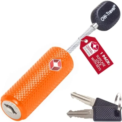 Image of OW Travel TSA Approved Luggage Locks with Keys (1 Pack Orange) Zinc Alloy Suitcase Wire Lock. Cable Lock: Padlock, Backpack Lock, Tent Padlocks
