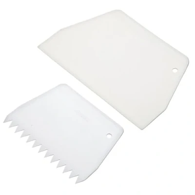 Image of KitchenCraft Sweetly Does It Cake Scraper/Icing Smoother Tool Set. Dishwasher Safe Plastic, White, 2 Pieces,Small