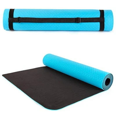Image of Yoga Mat Exercise for Gym, Home, Fitness Mats Women and Men Eco Friendly Non Slip TPE Material Pilates With Over Shoulder Carry Strap by just be... Blue/Black 5mm