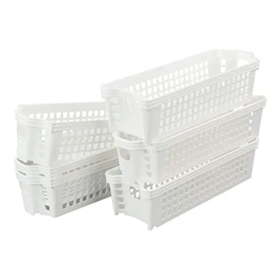 Image of Ponpong Set of 6 White Small Slim Storage Baskets, Plastic Cupboard Organizer Basket